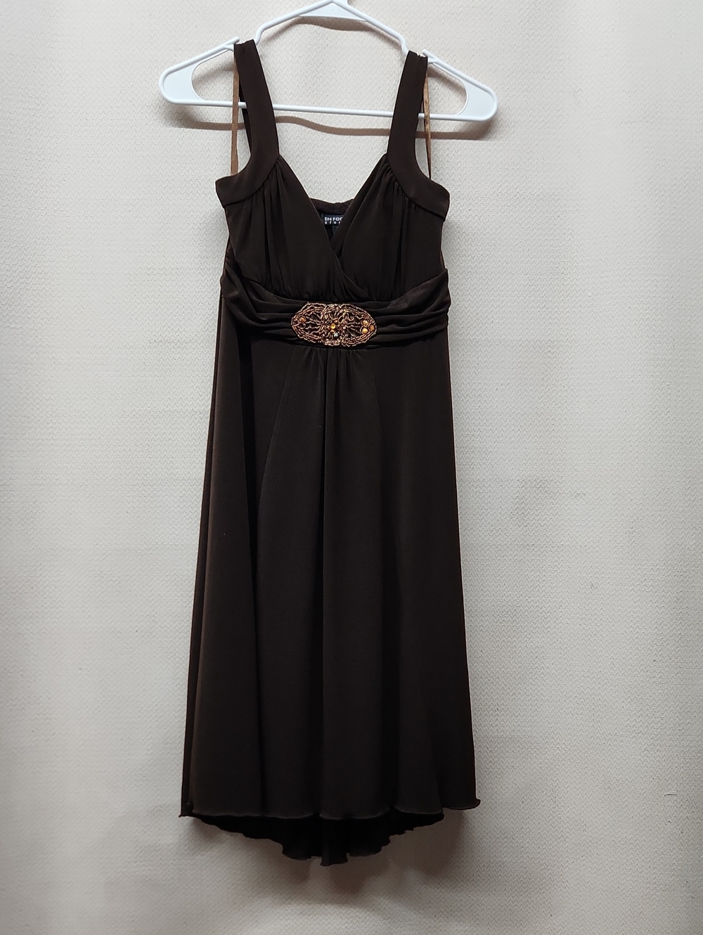 Enfocus Studio Chocolate Brown High-Low Empire Dress with Ornate Waist